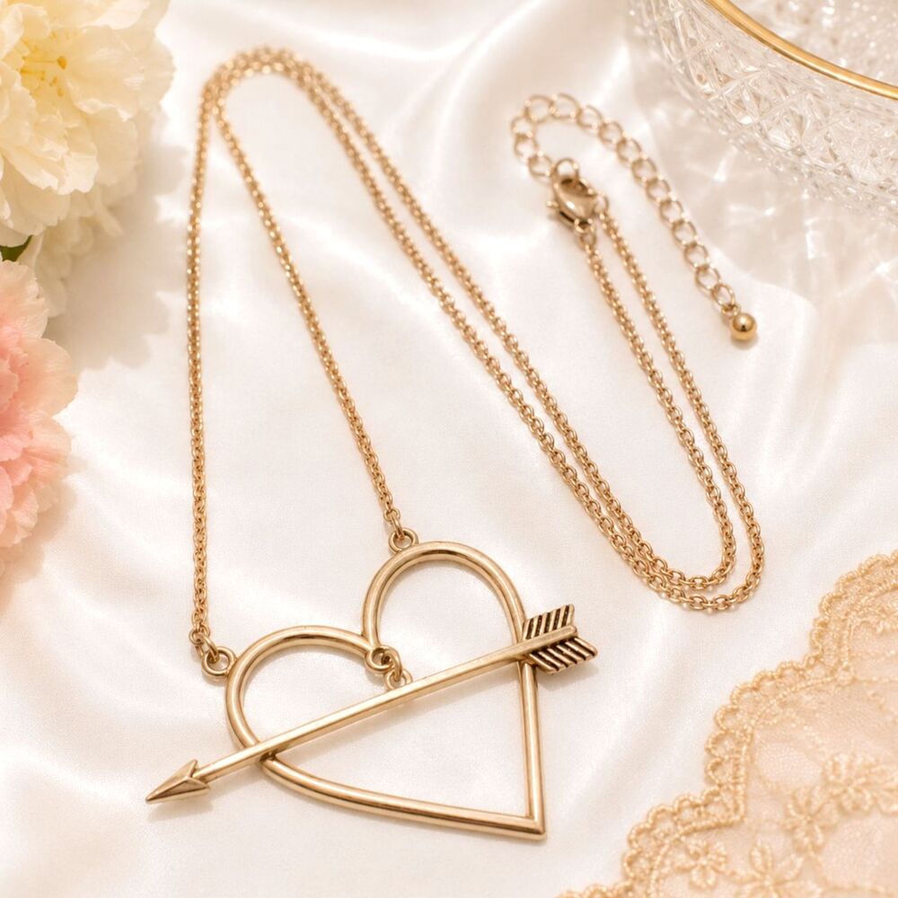 Gold Tone Heart & Arrow Open Pendant Necklace 30 Inch Chain